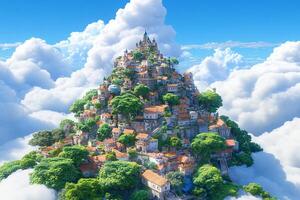 The village is surrounded by clouds and trees photo