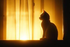 A cat sitting in front of a window at sunset photo