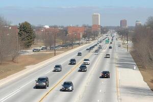 A large highway with many cars driving down it photo