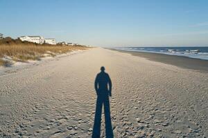 A man standing on the beach with his shadow photo