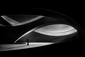 A man stands in front of a curved building photo