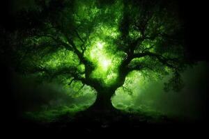 Green tree in the dark with a green glow photo