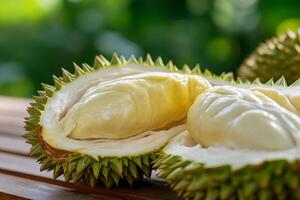 A durian fruit is cut open on a wooden table photo
