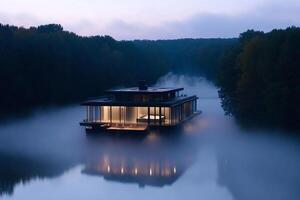 A house floating on the water in the fog photo