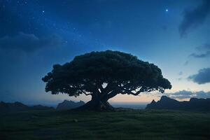 A lone tree on a hill under a starry sky photo