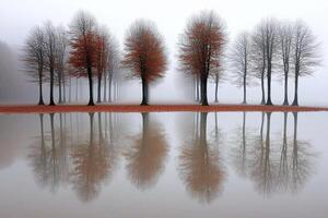 Trees are reflected in the water on a foggy day photo