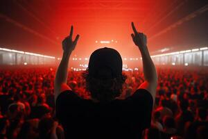A man in a black shirt and hat is raising his hands in front of a crowd photo
