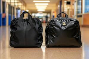 Two black bags sitting on a floor in a hallway photo