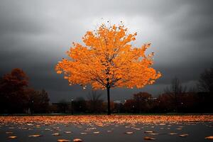 A lone tree stands in the middle of a dark sky photo