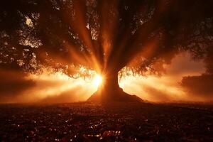 The sun shines through the foggy trees in front of a large tree photo
