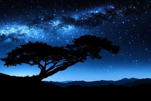 A lone tree in the middle of a mountain range with the milky way in the background photo