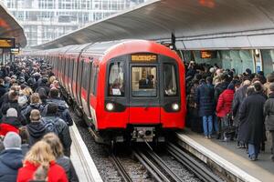 A red train pulling into a station with people standing on the platform photo