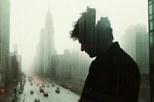 A man is looking out a window at a city photo