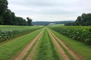 A dirt road runs through a corn field photo