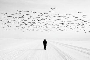 A man standing in the middle of a snowy road surrounded by birds photo