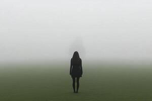 A woman standing in a field with fog photo