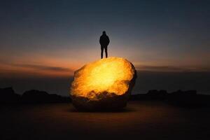 A man stands on top of a rock with a glowing light photo