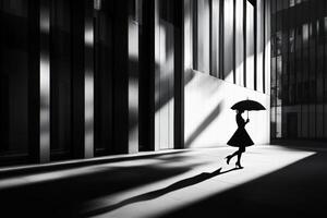 A woman is walking in the shadows with an umbrella photo