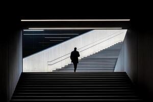 A person walking down a set of stairs in a dark room photo