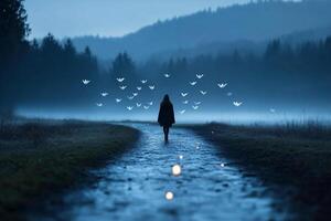 A woman walking down a path with white butterflies flying in the air photo