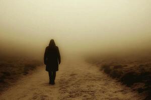 A person walking down a path in the fog photo