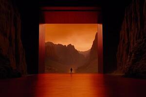 A man standing in front of a red door in a dark tunnel photo