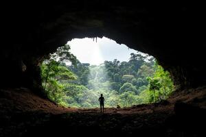 A person standing in front of a cave with sunlight coming through photo