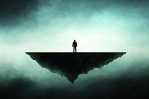 A man standing on an island in the middle of a dark sky photo