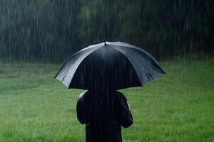 A person standing in the rain with an umbrella photo