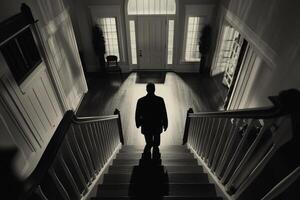 A man is walking down the stairs in a house photo