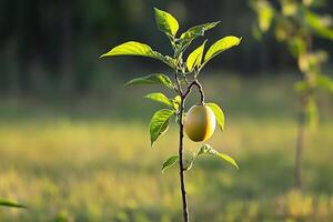 A single yellow fruit is growing on a tree photo