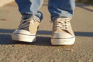 A person wearing sneakers on a sidewalk photo