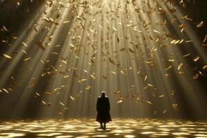A man standing in the middle of a room with golden light coming from the ceiling photo
