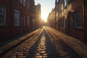 The sun is setting behind a cobblestone street photo