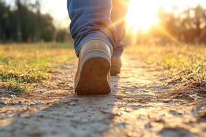 A person walking on a dirt path in the sun photo