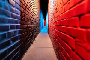 A narrow alley with red and blue bricks photo