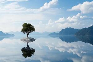 A lone tree is standing on an island in the middle of a lake photo