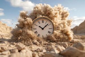 A clock is sitting in the middle of a desert photo