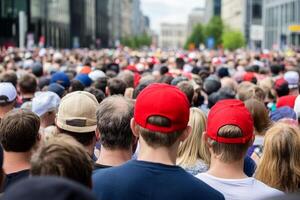 A crowd of people wearing red hats photo