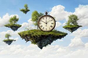 A clock is floating in the air with trees and clouds photo