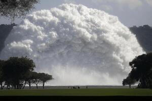 A large waterfall is being sprayed with water photo