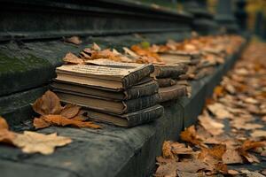 Old books on the ground in front of a stone wall photo