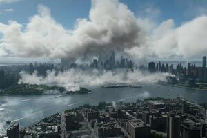 A city with smoke billowing from the sky photo