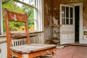 An old wooden chair sits in an abandoned room photo