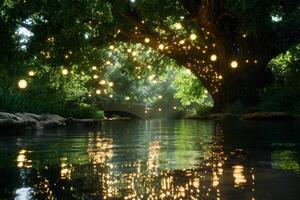 A tree with lights hanging from it over the water photo