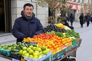 Man pushing a cart of vegetables photo