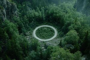 A circular ring is in the middle of a forest photo