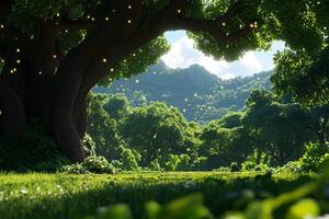 A tree in the middle of a lush green field photo