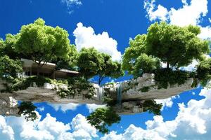 An island floating in the sky with trees photo