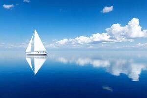 A sailboat floating in the ocean with clouds reflected in the water photo